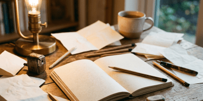 Open notebook, pencils, papers, lamp, and coffee on a wooden writing desk