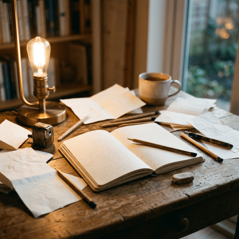 Open notebook, pencils, papers, lamp, and coffee on a wooden writing desk