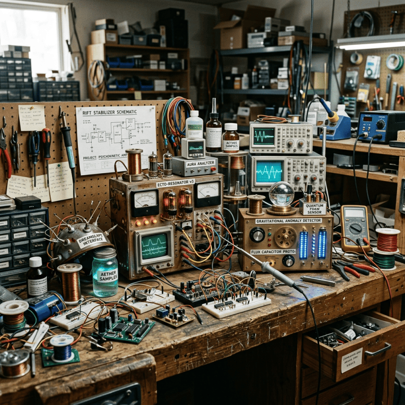 Electronics workshop bench with labeled devices, schematics, wires, and test equipment